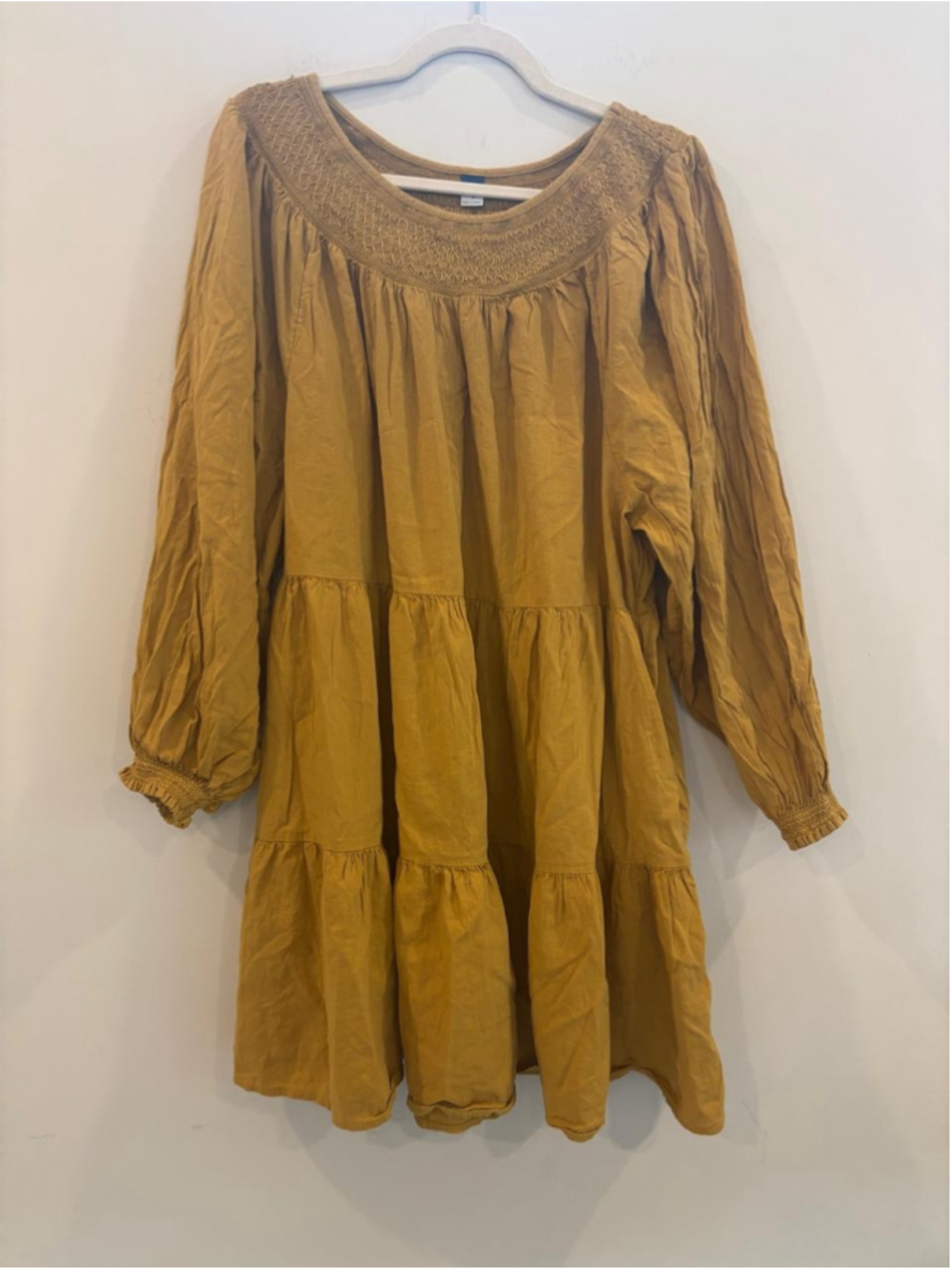 Old Navy Mustard Tiered Boho Dress Smocked Long Sleeve XXL #S44